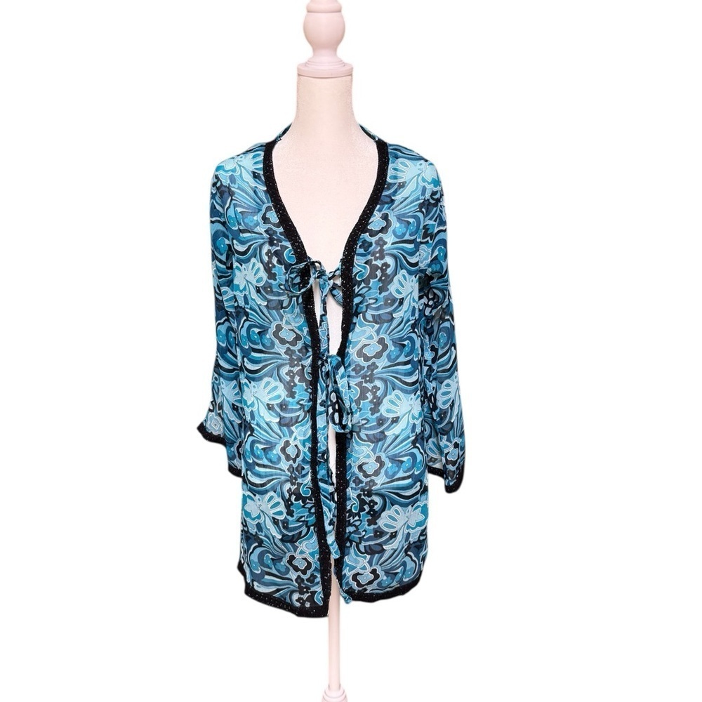 Sheer Blue Floral Tie Front Kimono Cover Up Size Small Beach Pool Resortwear